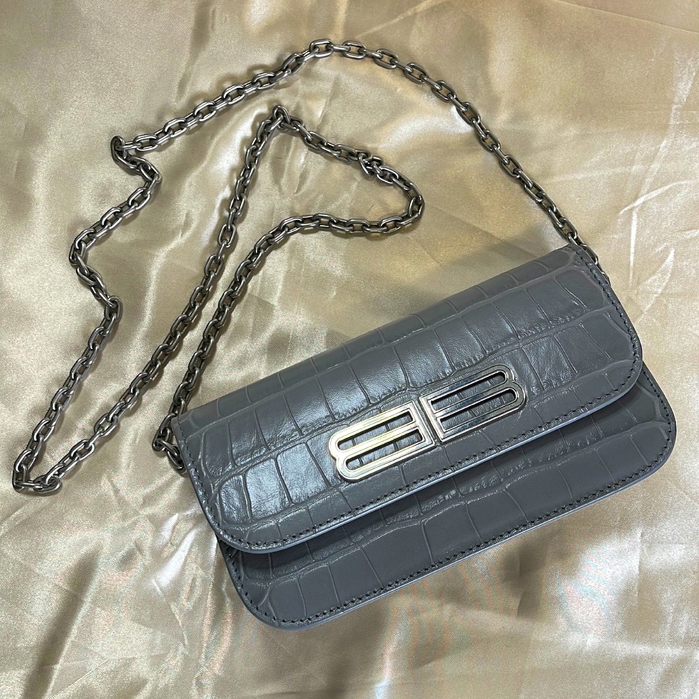 Balenciaga Crocodile Embossed Leather BB Wallet on Chain Crossbody Clutch